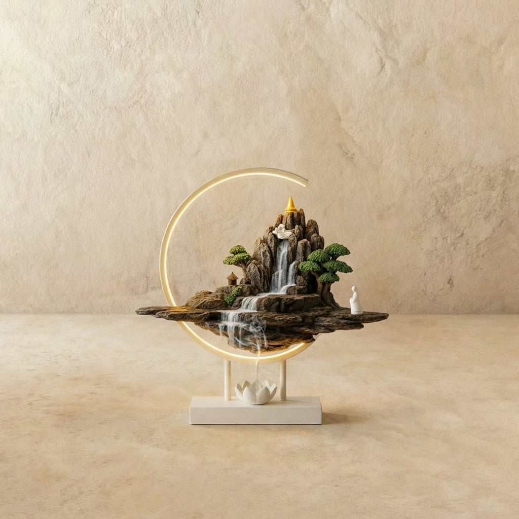Clérachic Hills-finish ceramic incense burner lamp, a bronze mountain waterfall scene glowing inside a warm circular LED ring.