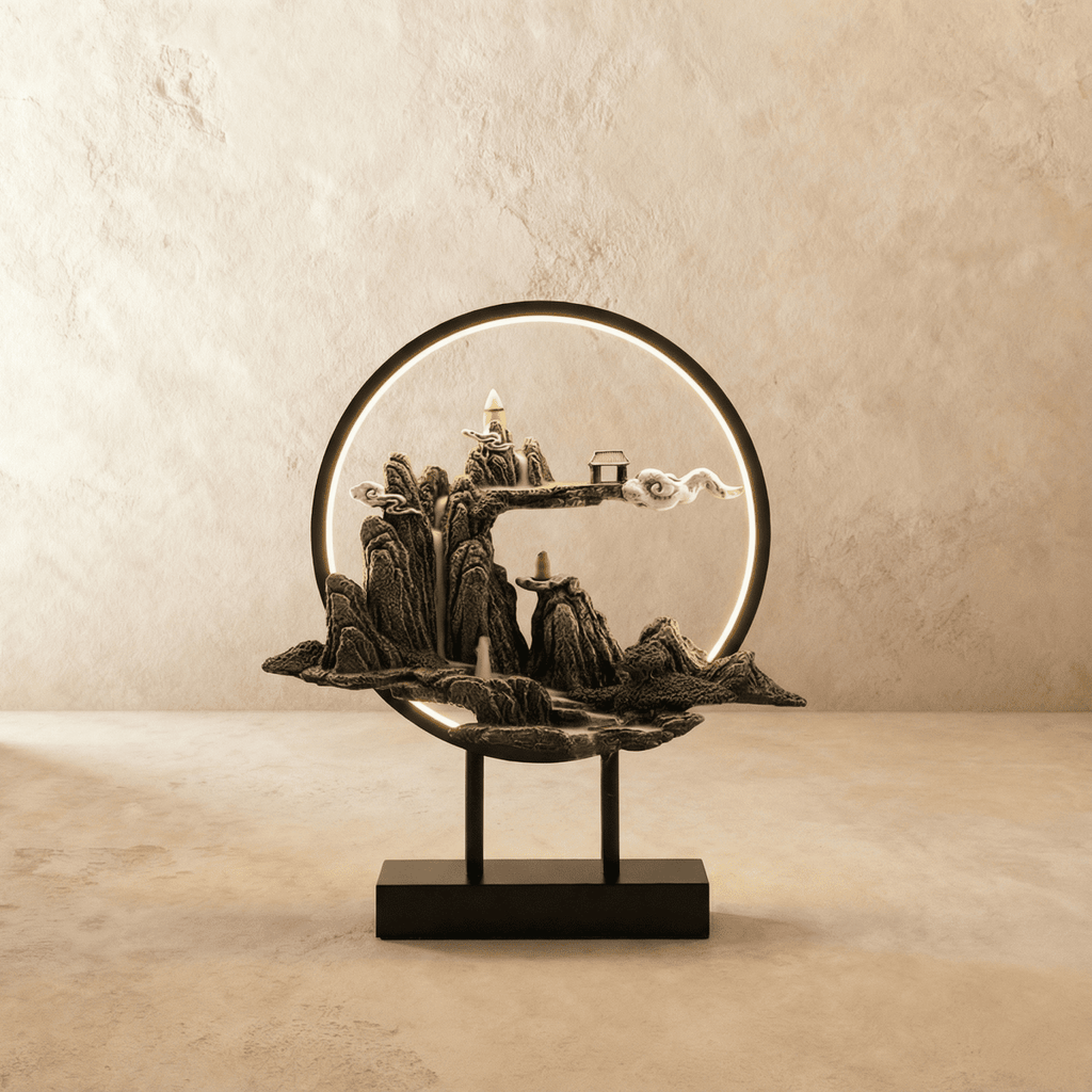 Clérachic Cloudy Hills incense burner lamp, a grey stone peak with a tiny pavilion and drifting cloud set inside a black ring.