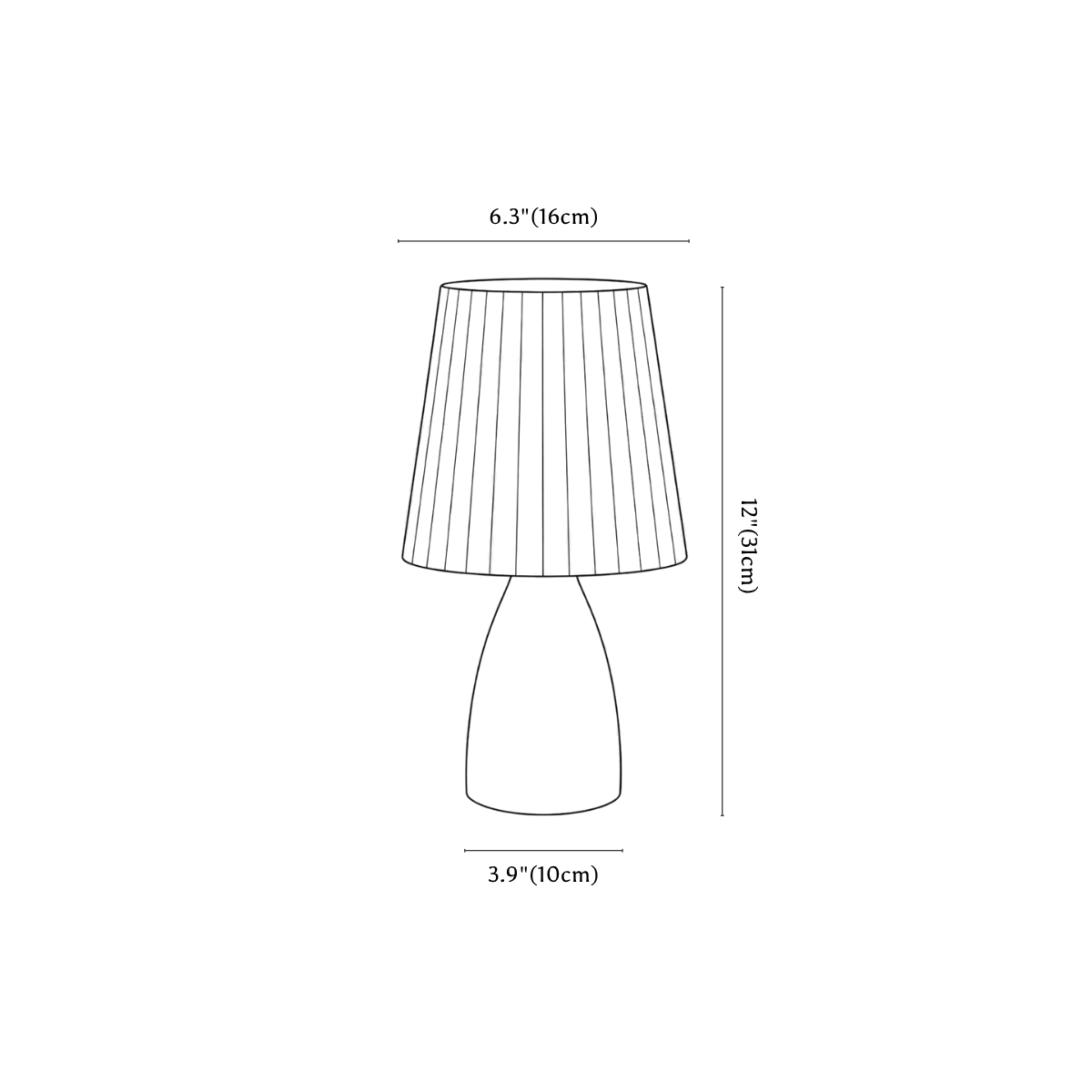 Clérachic table lamp dimension drawing, every measurement marked in centimetres and inches.