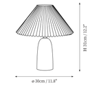 Clérachic table lamp dimension drawing, 1 of 2, every measurement marked in centimetres and inches.