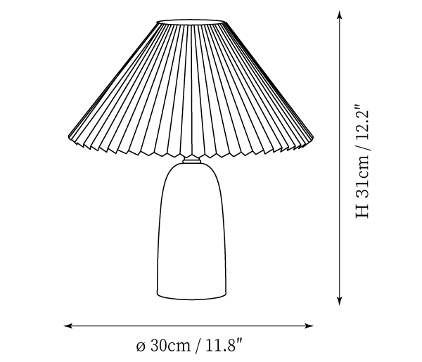 Clérachic table lamp dimension drawing, 1 of 2, every measurement marked in centimetres and inches.