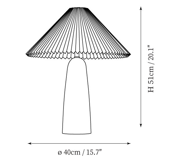 Clérachic table lamp dimension drawing, 2 of 2, every measurement marked in centimetres and inches.