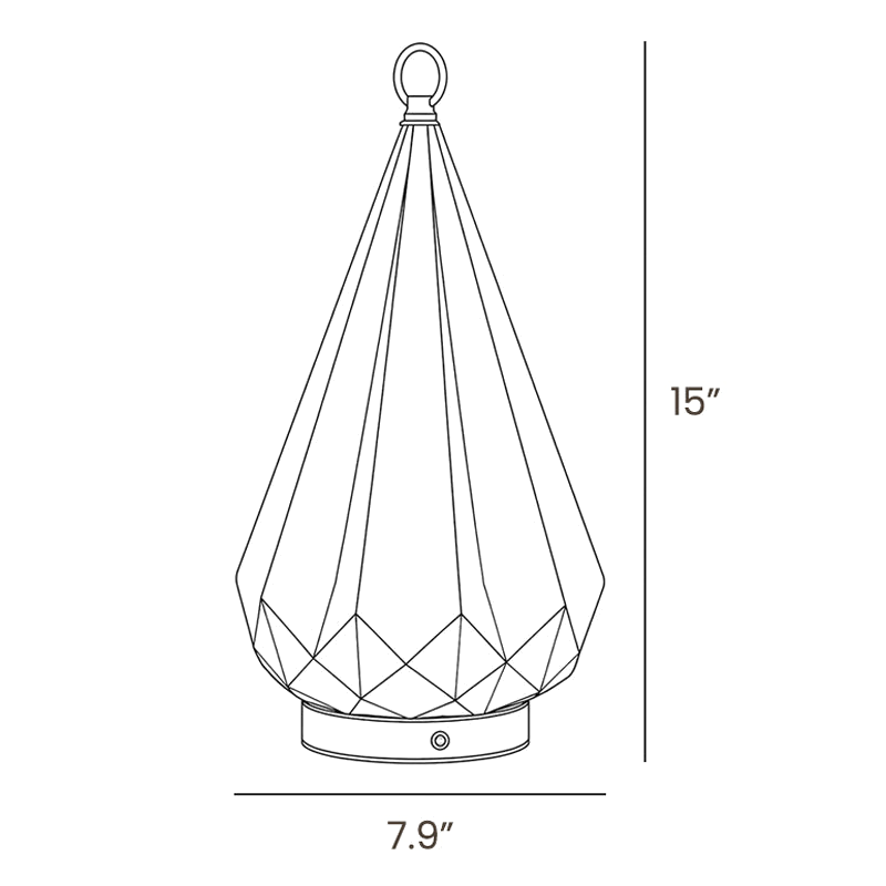 Line drawing of this Clérachic table lamp, with its faceted cone shade, top ring and brass base, and its height and width marked.