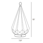 Line drawing of this Clérachic table lamp, with its faceted cone shade, top ring and brass base, and its height and width marked.