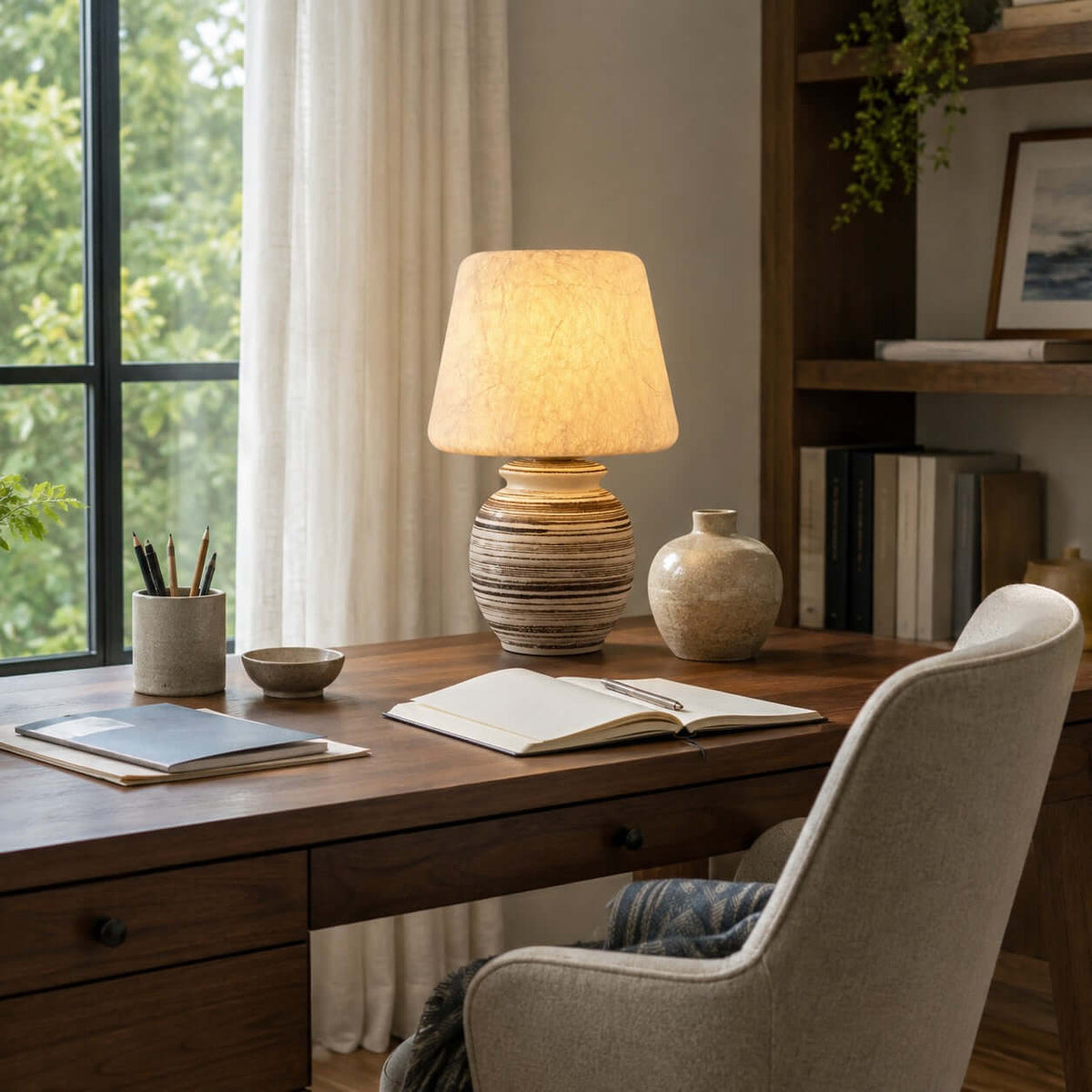 Beside a desk with an open notebook and a tall bookshelf, this Clérachic table lamp lights a study by a large window.