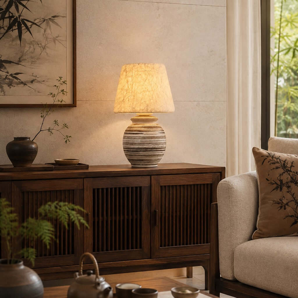 This Clérachic table lamp stands on a slatted wooden cabinet, with a dark vase, a teapot and a framed ink print behind it.