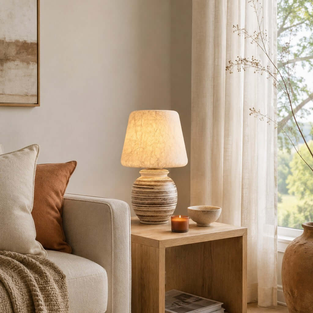 Beside a candle and a small bowl on a pale wood side table, this Clérachic table lamp glows next to a sofa with orange and cream cushions.