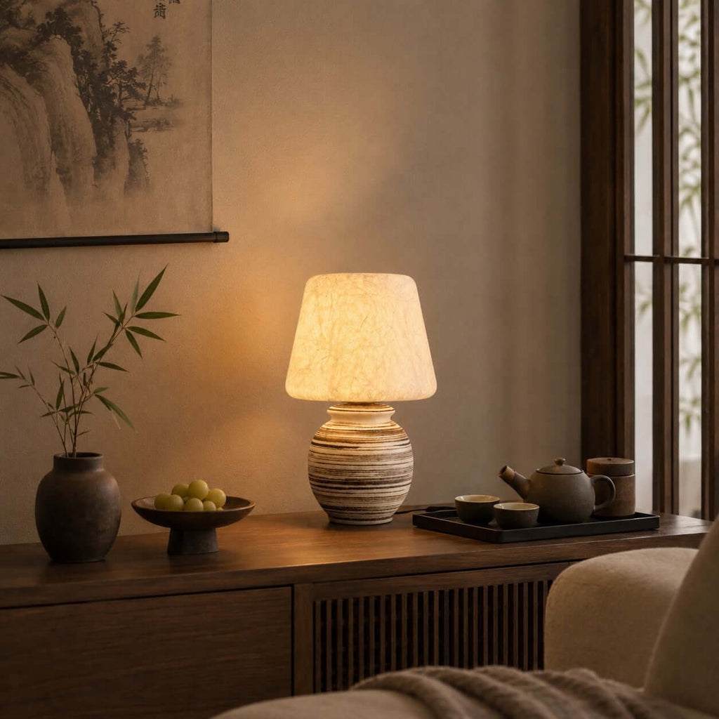 At dusk on a low dark cabinet with a tea tray and a bowl of limes, this Clérachic table lamp gives off a warm amber light.