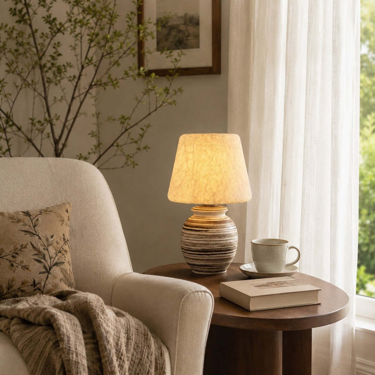 This Clérachic table lamp lights a round wood side table with a cup and a book, beside a cream armchair with a knitted throw.