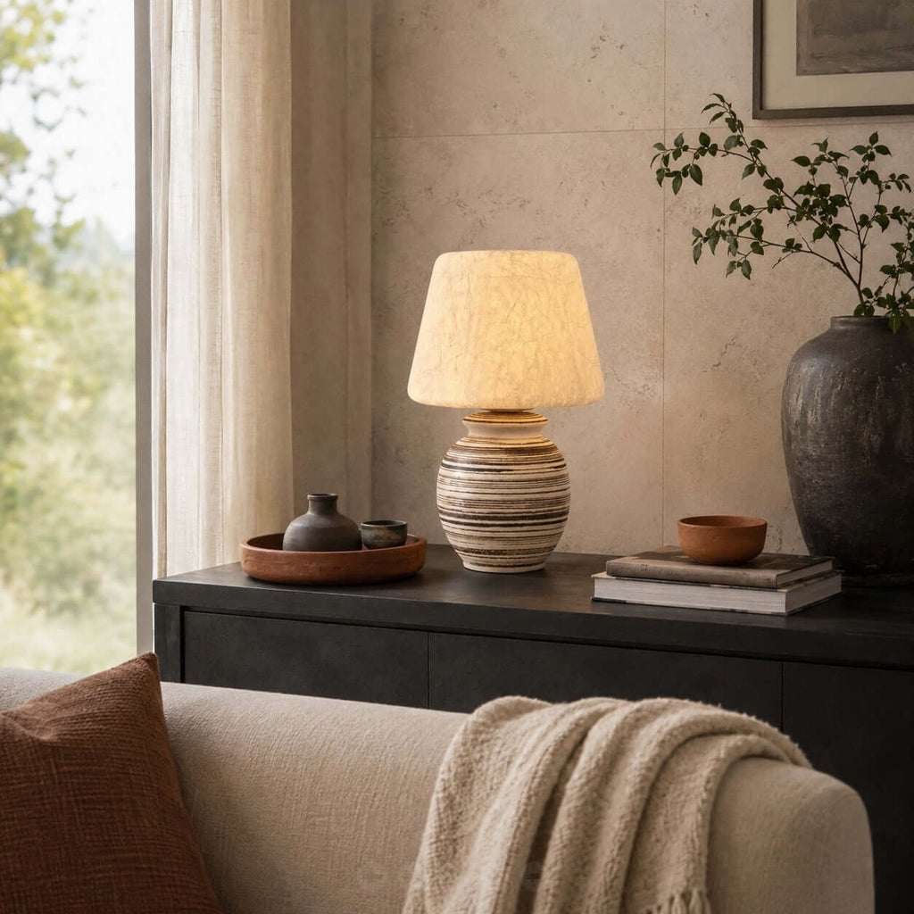 On a black console with a dark vase and a small tray of pots, this Clérachic table lamp sits behind a sofa with a cream throw.