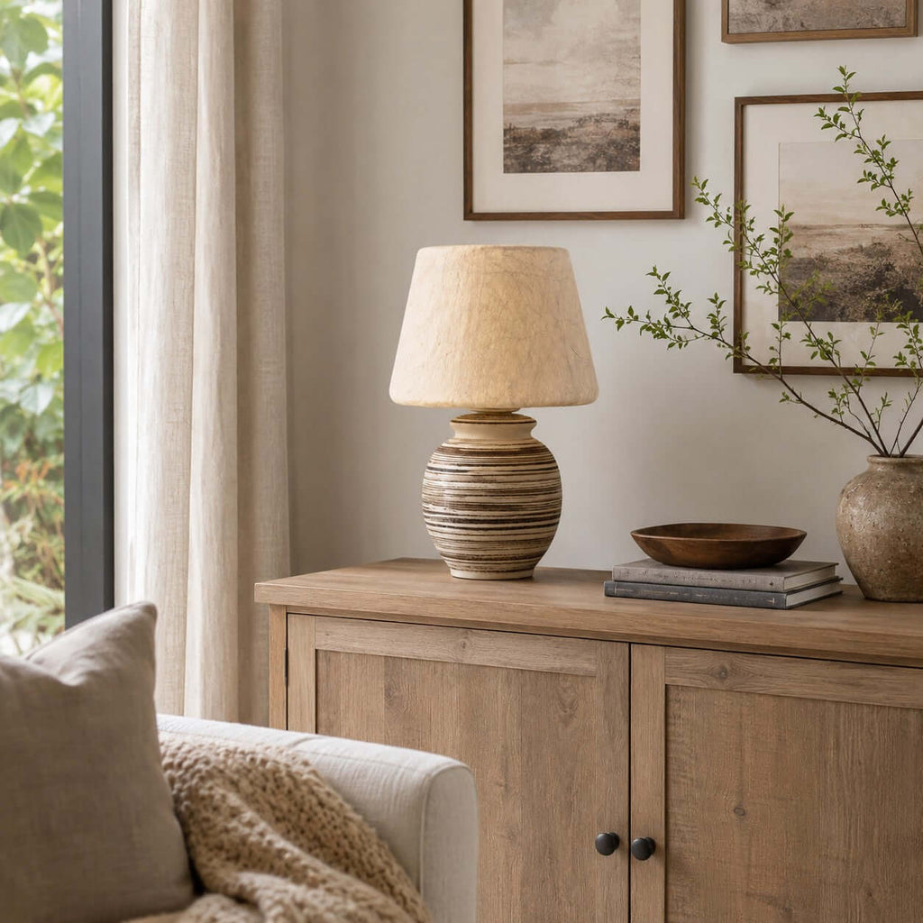 Unlit on a pale oak sideboard, this Clérachic table lamp shows its cream shade next to a wooden bowl and a stack of books.
