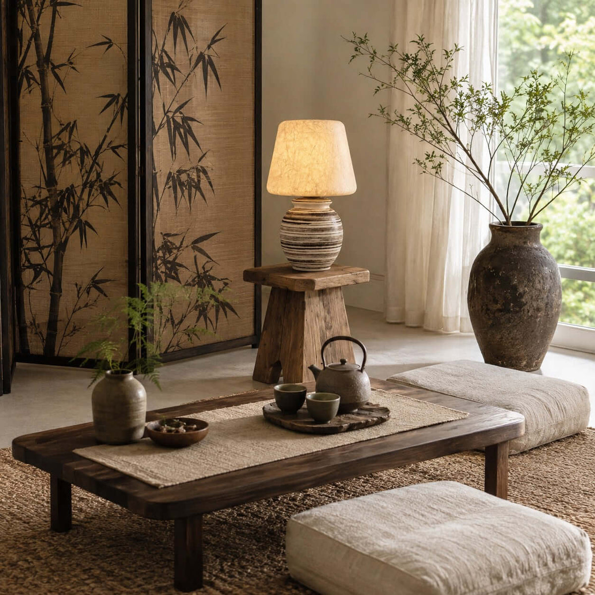 On a small wooden stool behind a low tea table, this Clérachic table lamp glows in front of a bamboo-print screen.