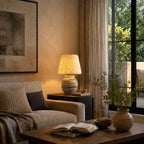 In an evening living room with floor-length windows, this Clérachic table lamp lights a corner beside a sofa and a coffee table with an open book.