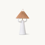 Clérachic ceramic table lamp with a white hand-pressed body, two curved arms and a woven rope cone shade, on a plain white backdrop.