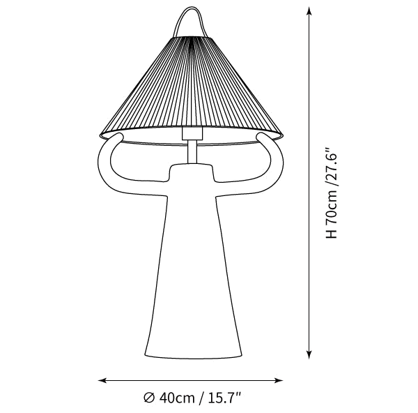 Clérachic table lamp dimension drawing, every measurement marked in centimetres and inches.