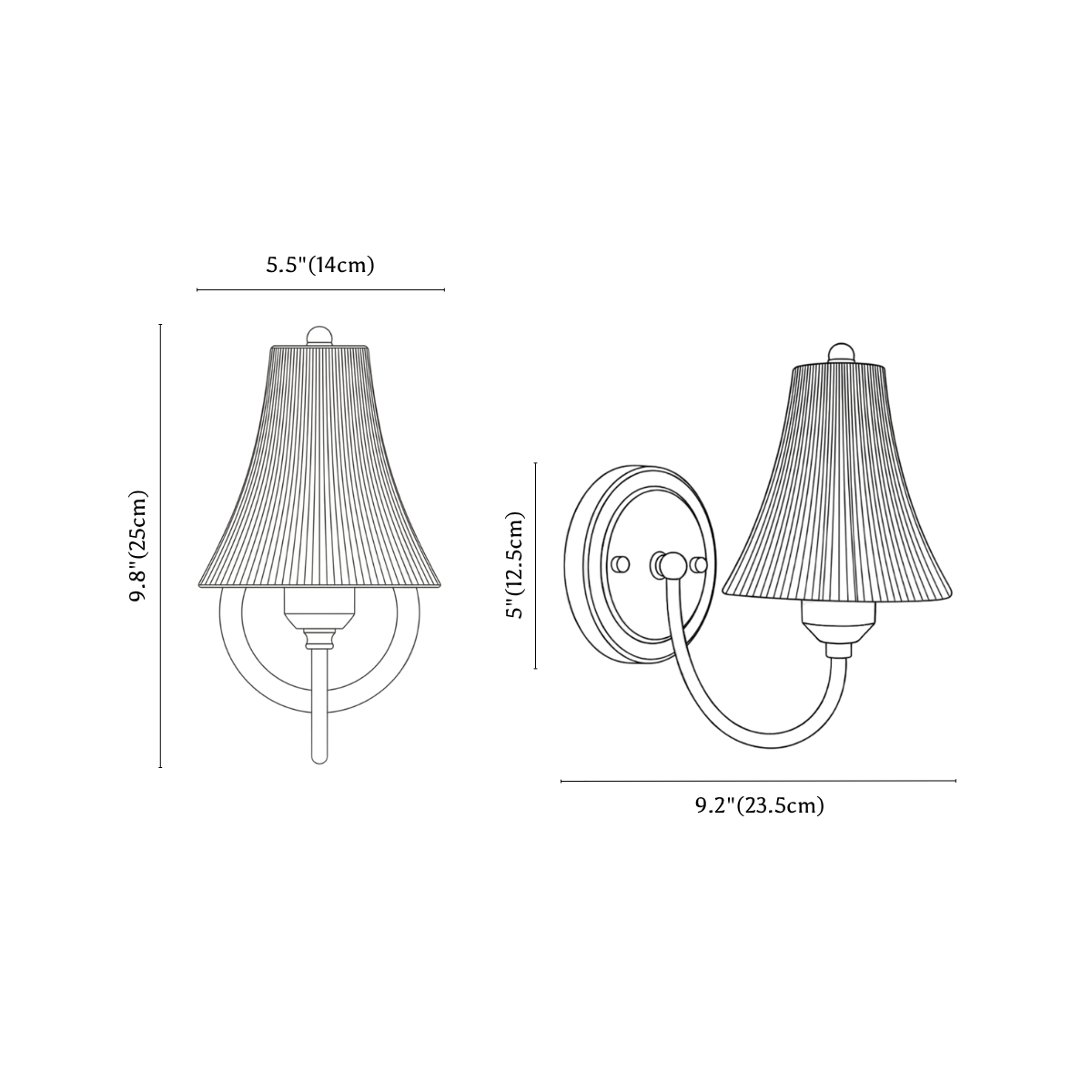 Clérachic wall light dimension drawing, every measurement marked in centimetres and inches.