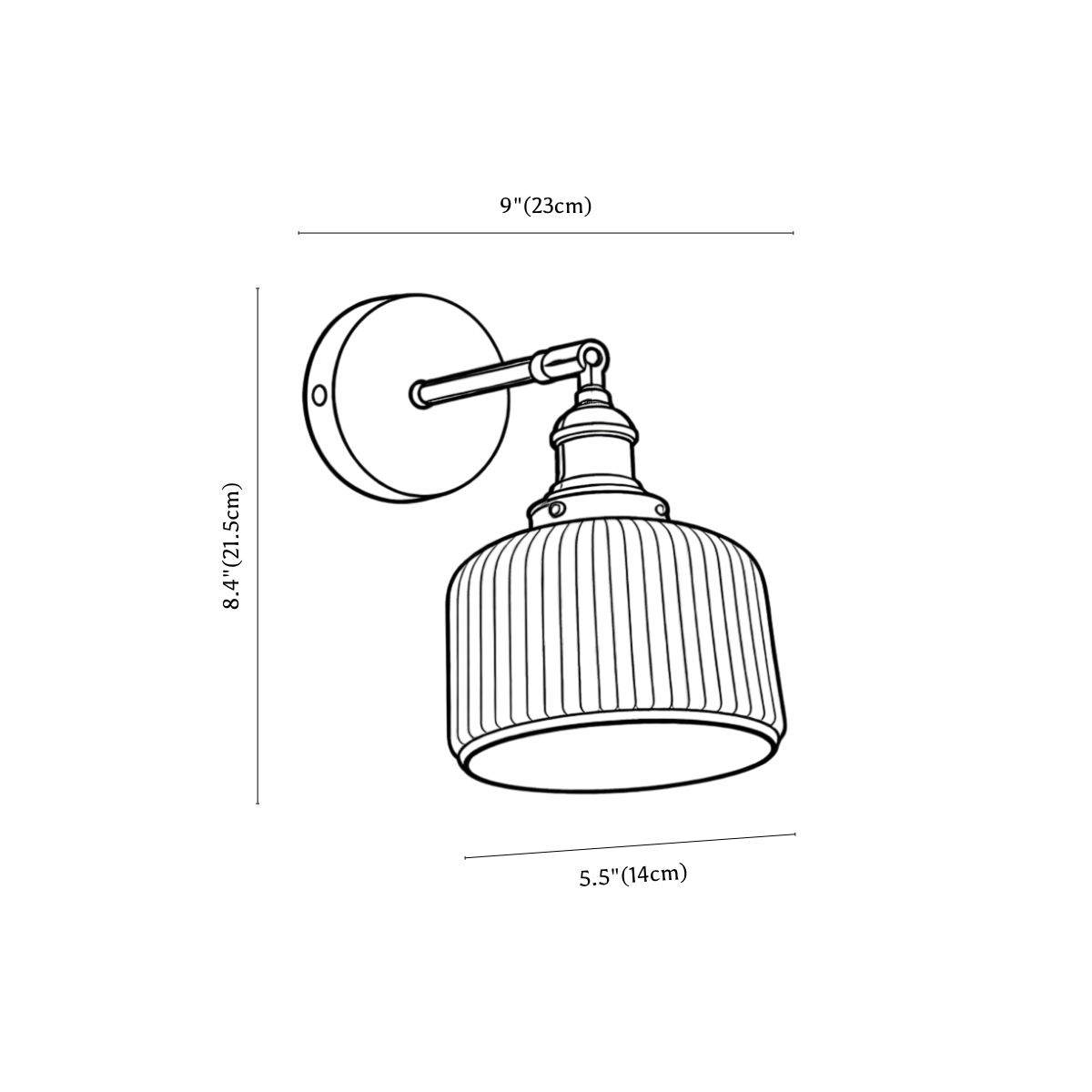 Clérachic wall light dimension drawing, every measurement marked in centimetres and inches.