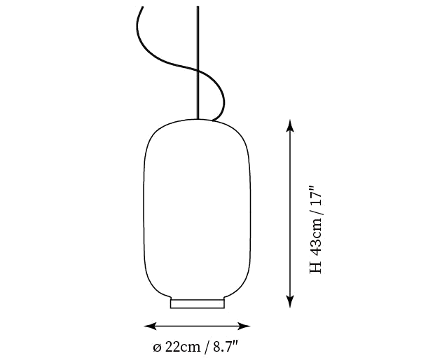 Dimension drawing of this Clérachic pendant in its tall shape, with its 43 cm height and 22 cm diameter marked.