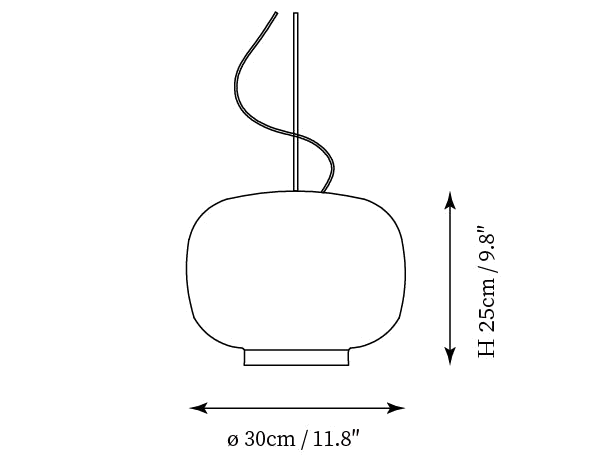 Dimension drawing of this Clérachic pendant in its mid-size shape, with its 25 cm height and 30 cm diameter marked.