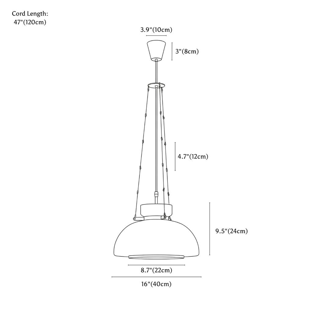 Clérachic pendant light dimension drawing, every measurement marked in centimetres and inches.
