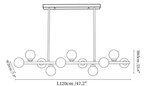 Clérachic chandelier dimension drawing, every measurement marked in centimetres and inches.