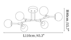 Clérachic chandelier dimension drawing, every measurement marked in centimetres and inches.