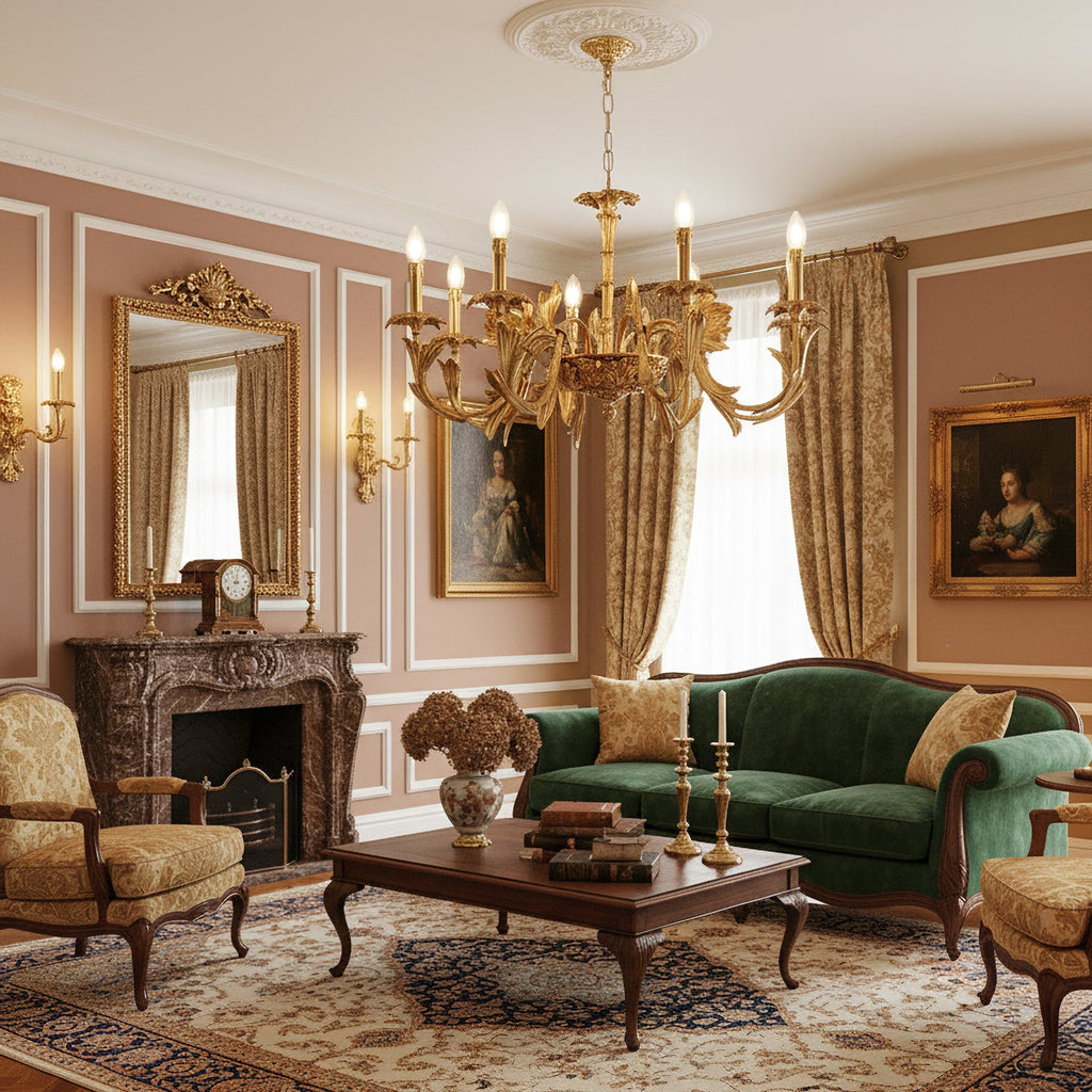 A Clérachic brass chandelier hangs over a coffee table in a rose-panelled sitting room with a green sofa and a stone fireplace.