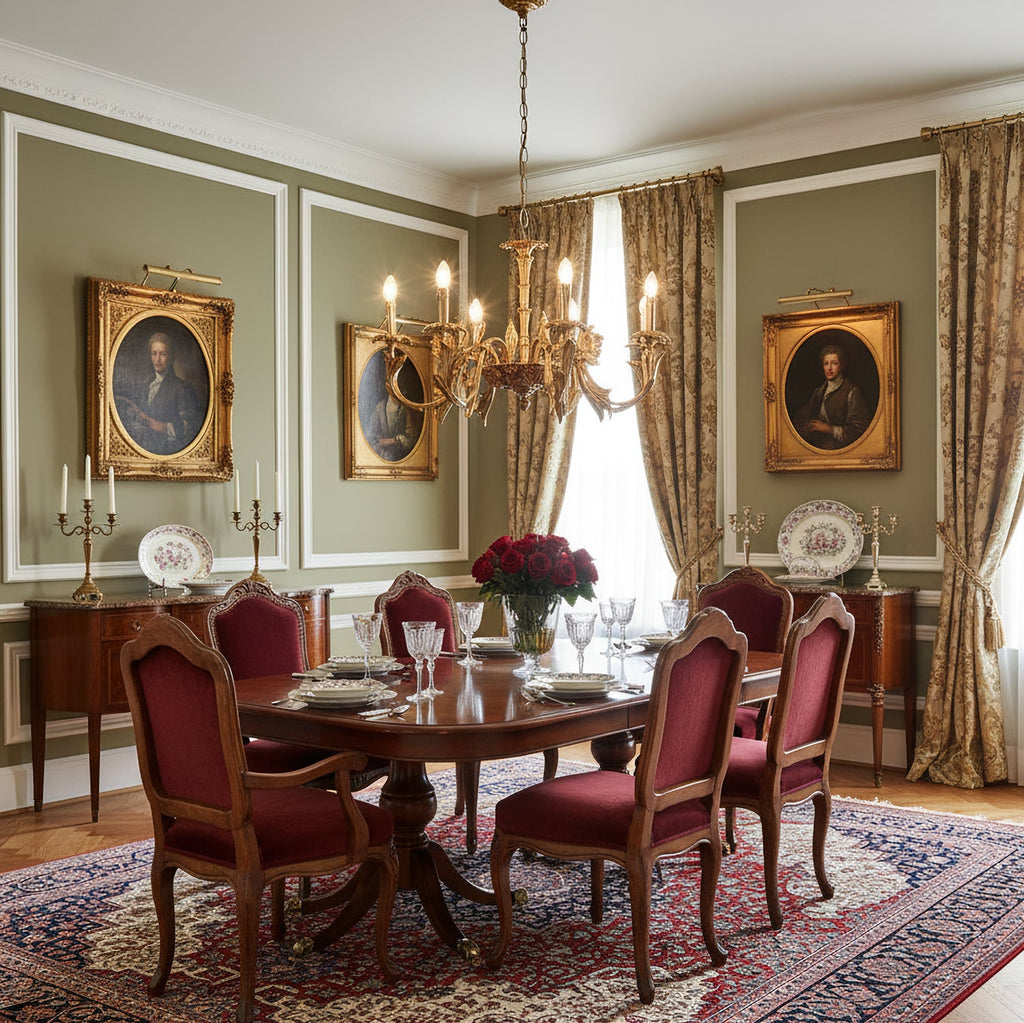 Brass candle chandelier from Clérachic above a mahogany dining table, set with crimson chairs in a sage-green room hung with portraits.