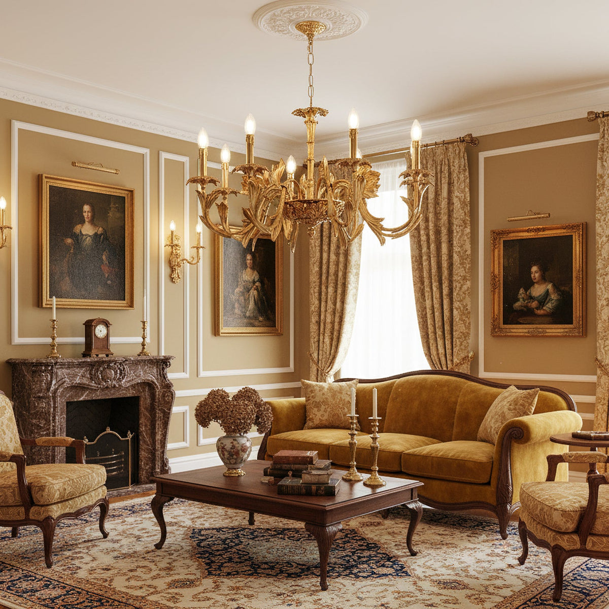 This Clérachic brass chandelier lights a golden-walled sitting room with a mustard sofa, a fireplace and framed portraits.