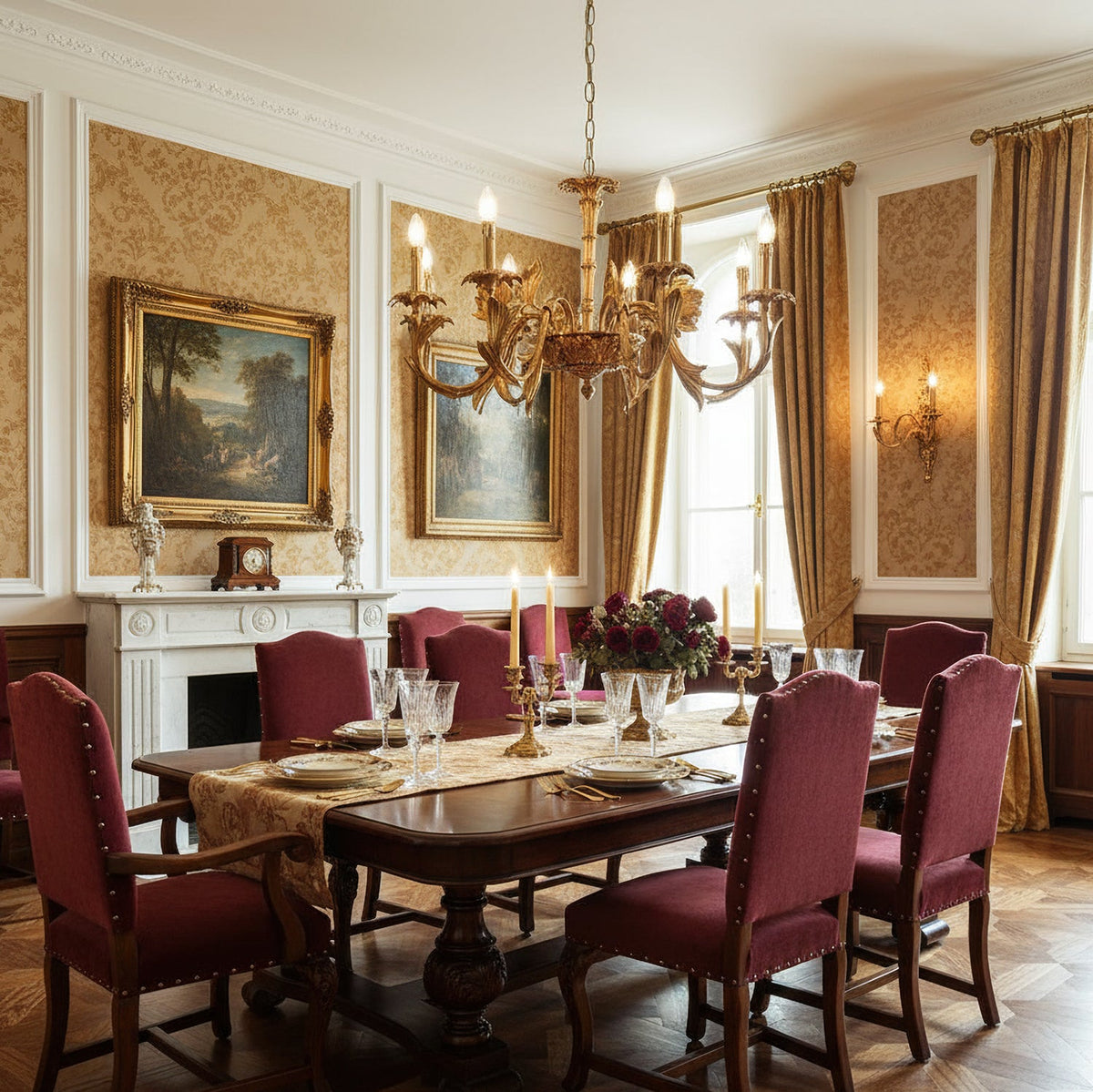 Clérachic brass chandelier above a long dining table with burgundy upholstered chairs, in a room with damask walls.