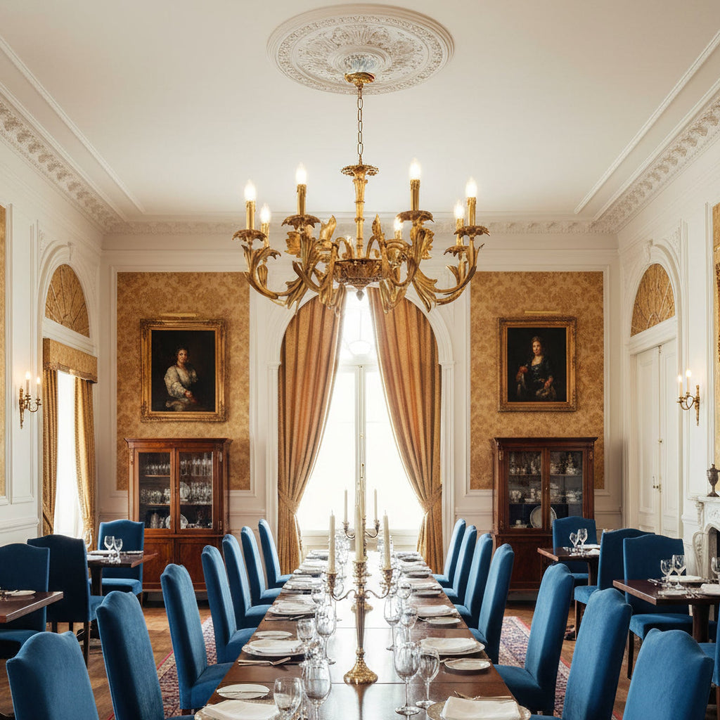 Large dining hall with blue chairs along a laid table, and a Clérachic antique brass chandelier under a carved ceiling rose.