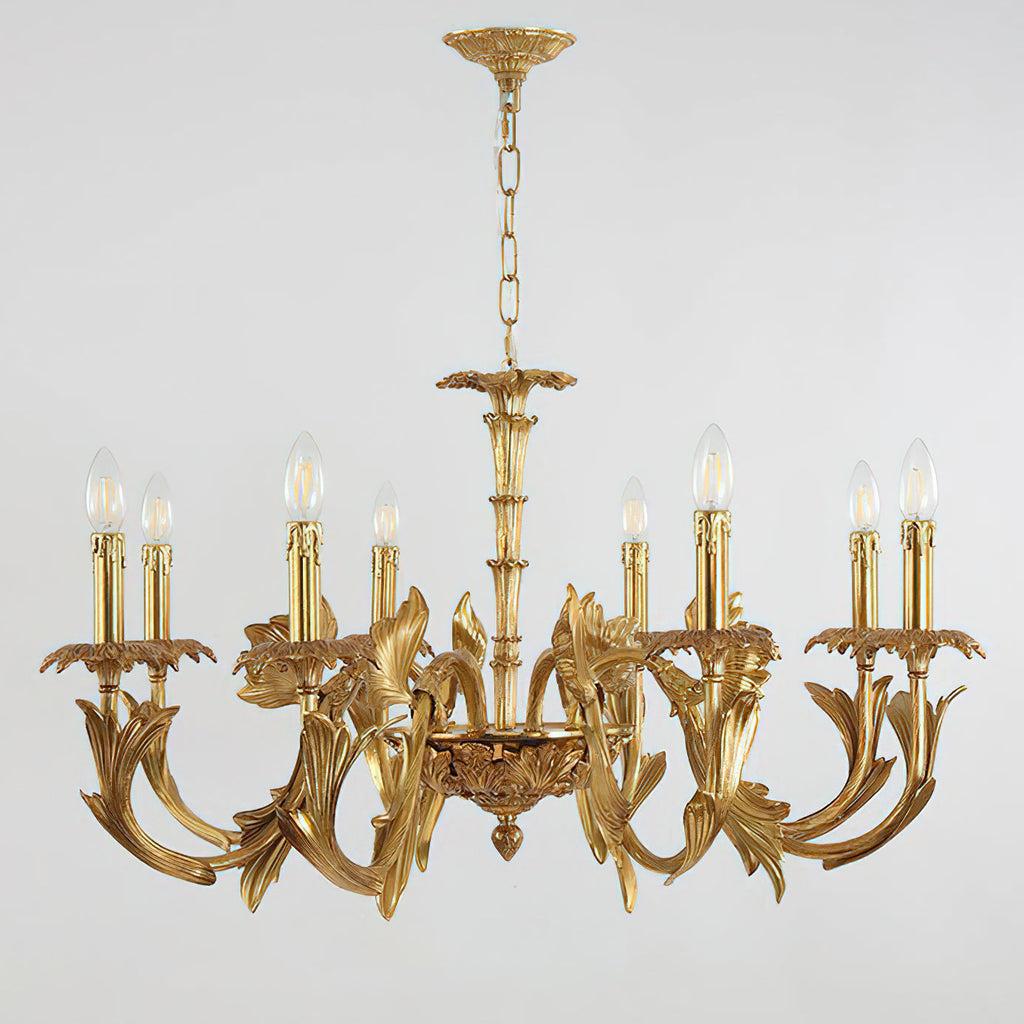 Front view of this Clérachic brass chandelier lit, with leaf-shaped arms spreading wide beneath a chain and canopy.