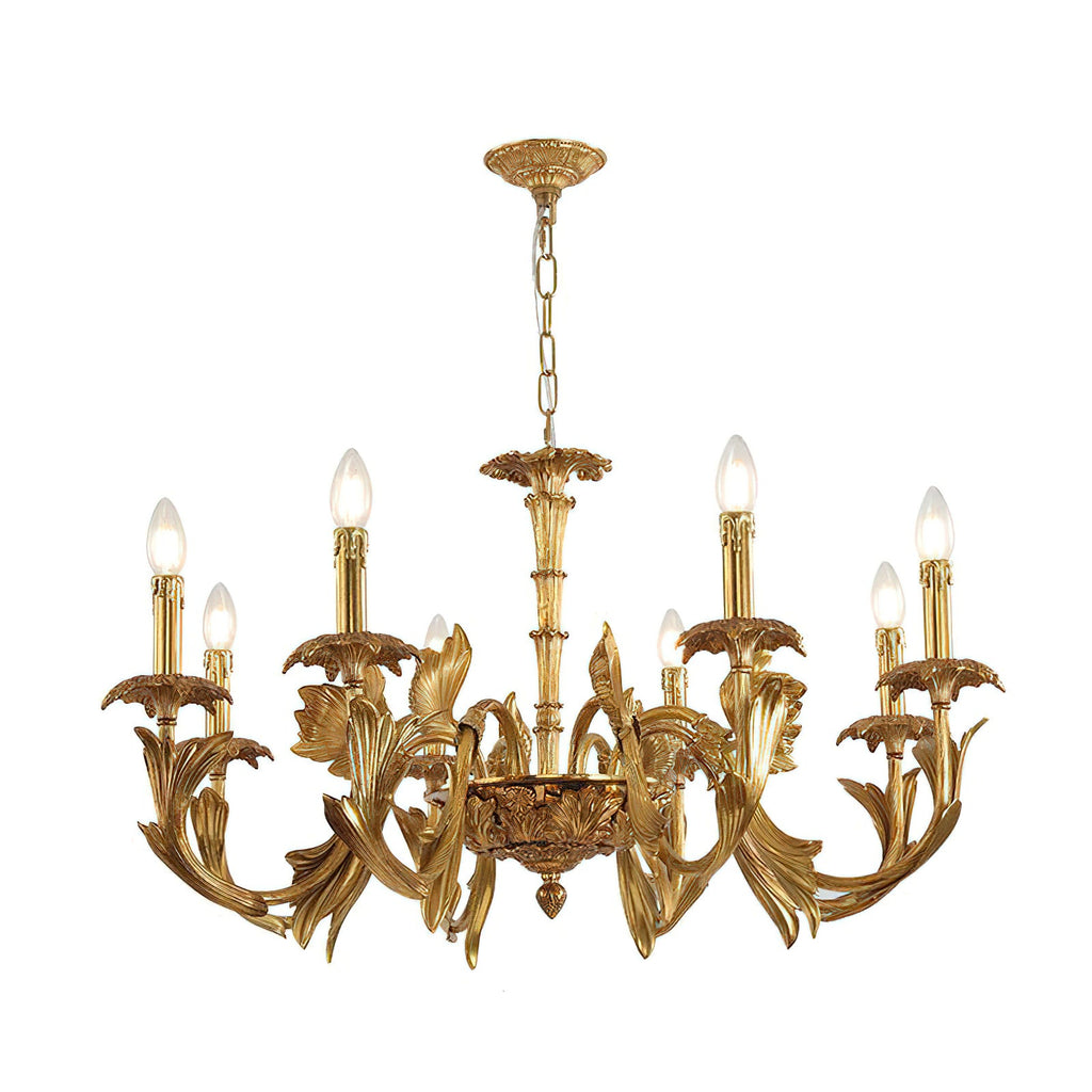 Clérachic antique brass chandelier with lit candle bulbs, cut out on a white background to show its arms and central stem.