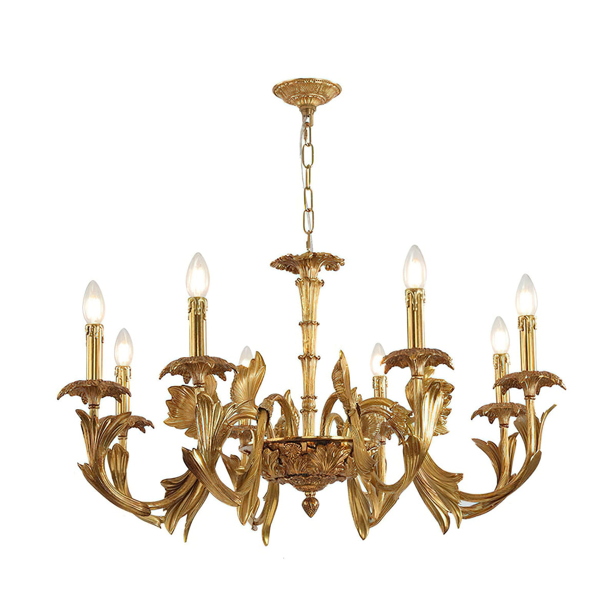 Clérachic antique brass chandelier with lit candle bulbs, cut out on a white background to show its arms and central stem.