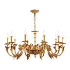 Wide view of the Clérachic antique brass chandelier with more arms and candle bulbs, hanging from a chain and ornate canopy.