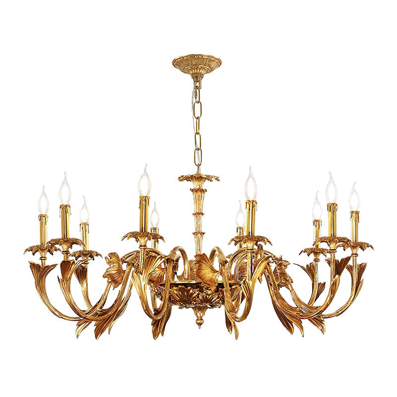 Wide view of the Clérachic antique brass chandelier with more arms and candle bulbs, hanging from a chain and ornate canopy.