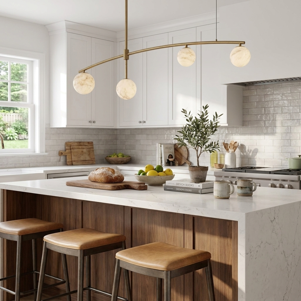 A brass Clérachic chandelier with an arched bar and four alabaster balls hangs low over a marble kitchen island.