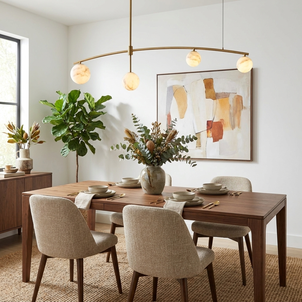 Over a walnut dining table, this brass Clérachic chandelier's ball shades catch the light beside framed abstract art.