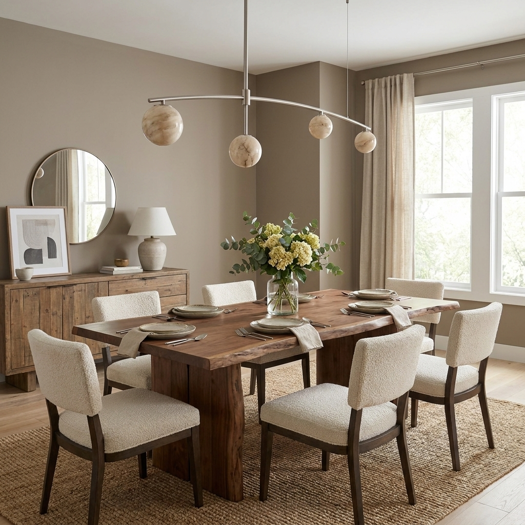 This Clérachic chandelier in nickel hangs in a dining nook with a round mirror and a wood sideboard nearby.