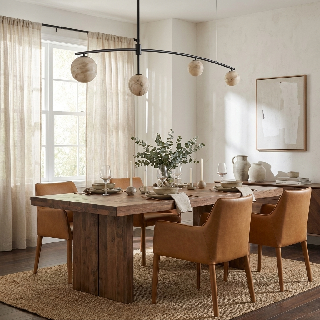 Over a dark wood table with rattan-back chairs, this black Clérachic chandelier's balls form a gentle curve.
