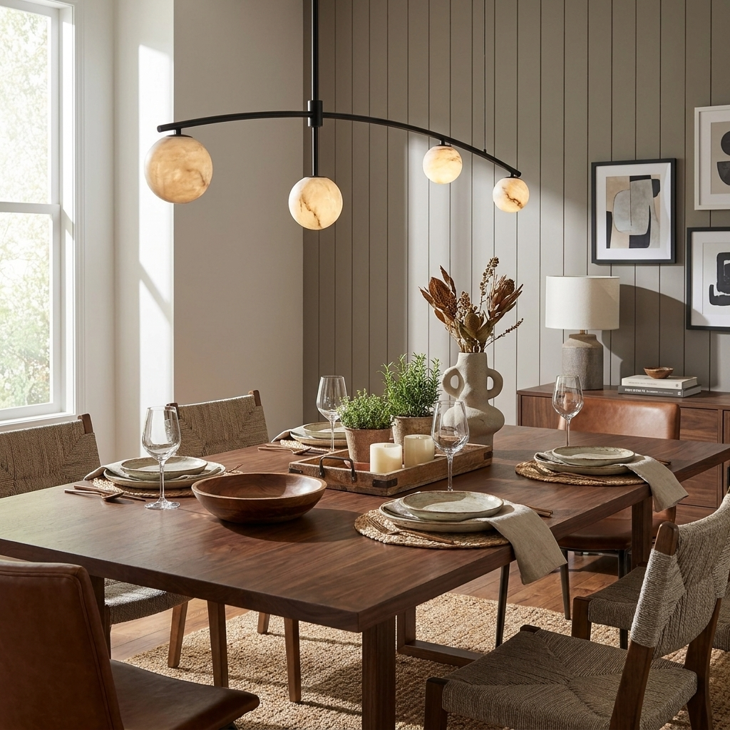 This black Clérachic chandelier hangs above a walnut table in a room with grey wood-panelled walls and framed art.