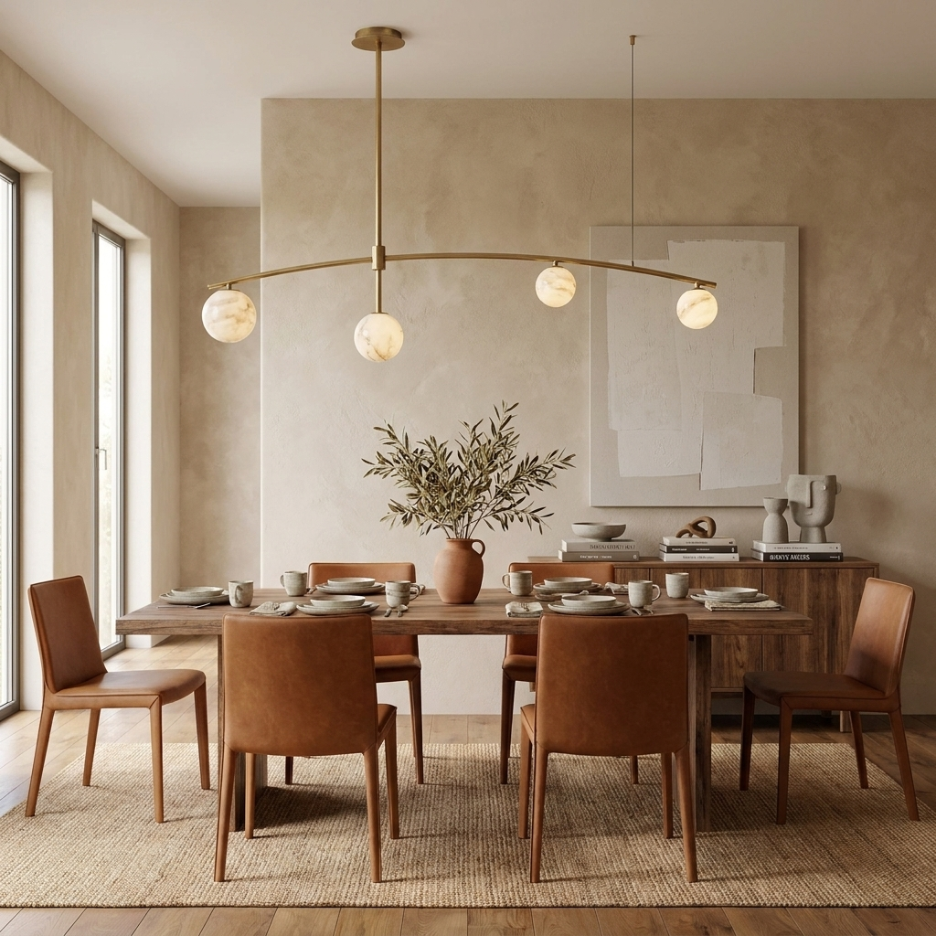 A brass Clérachic chandelier's arched bar spans a table with tan leather chairs against a plaster-textured wall.
