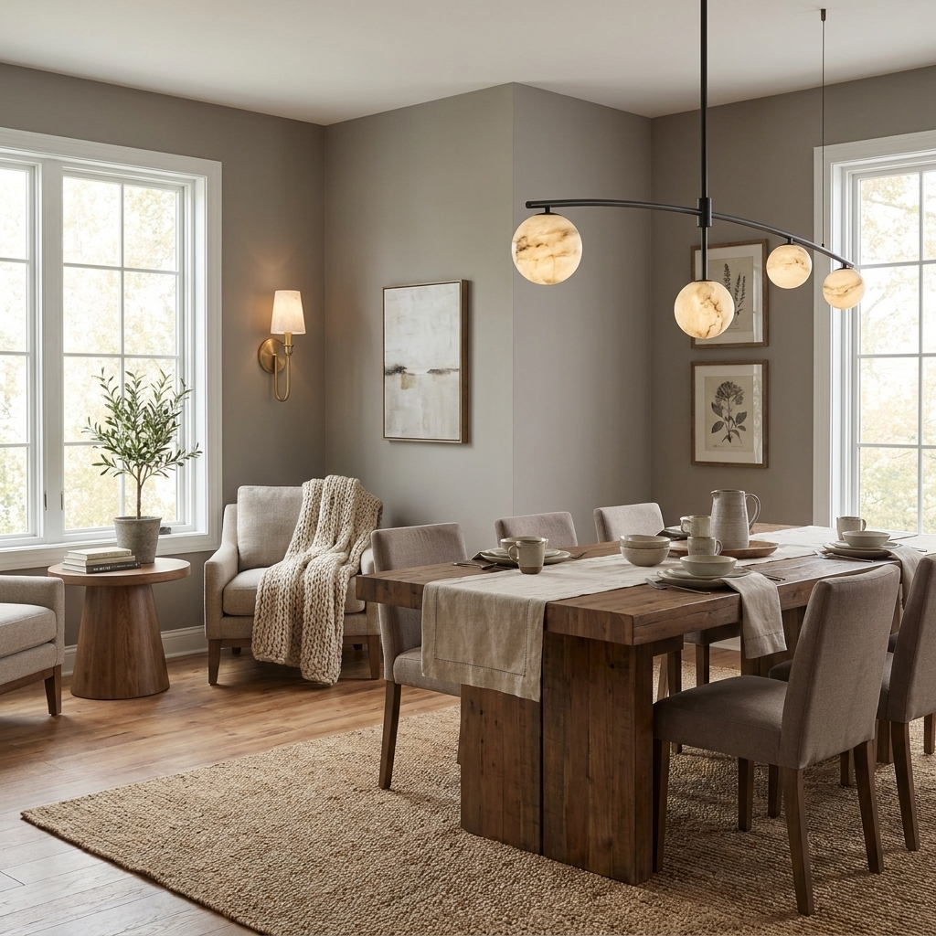 This black Clérachic chandelier lights a dining corner beside a wall sconce and a cosy adjoining sitting area.