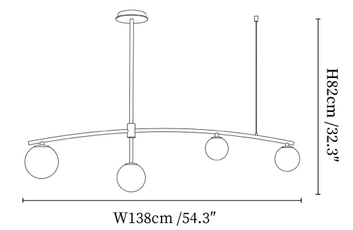 Clérachic chandelier dimension drawing, every measurement marked in centimetres and inches.