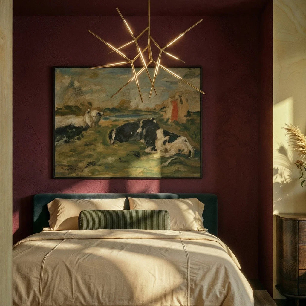 Clérachic gold rod chandelier glowing over a bed in a deep burgundy bedroom, below a large framed painting.