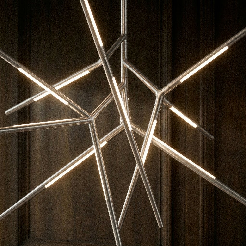 Clérachic close detail of satin metal chandelier arms radiating outward, each rod lit with a strip of soft white light.