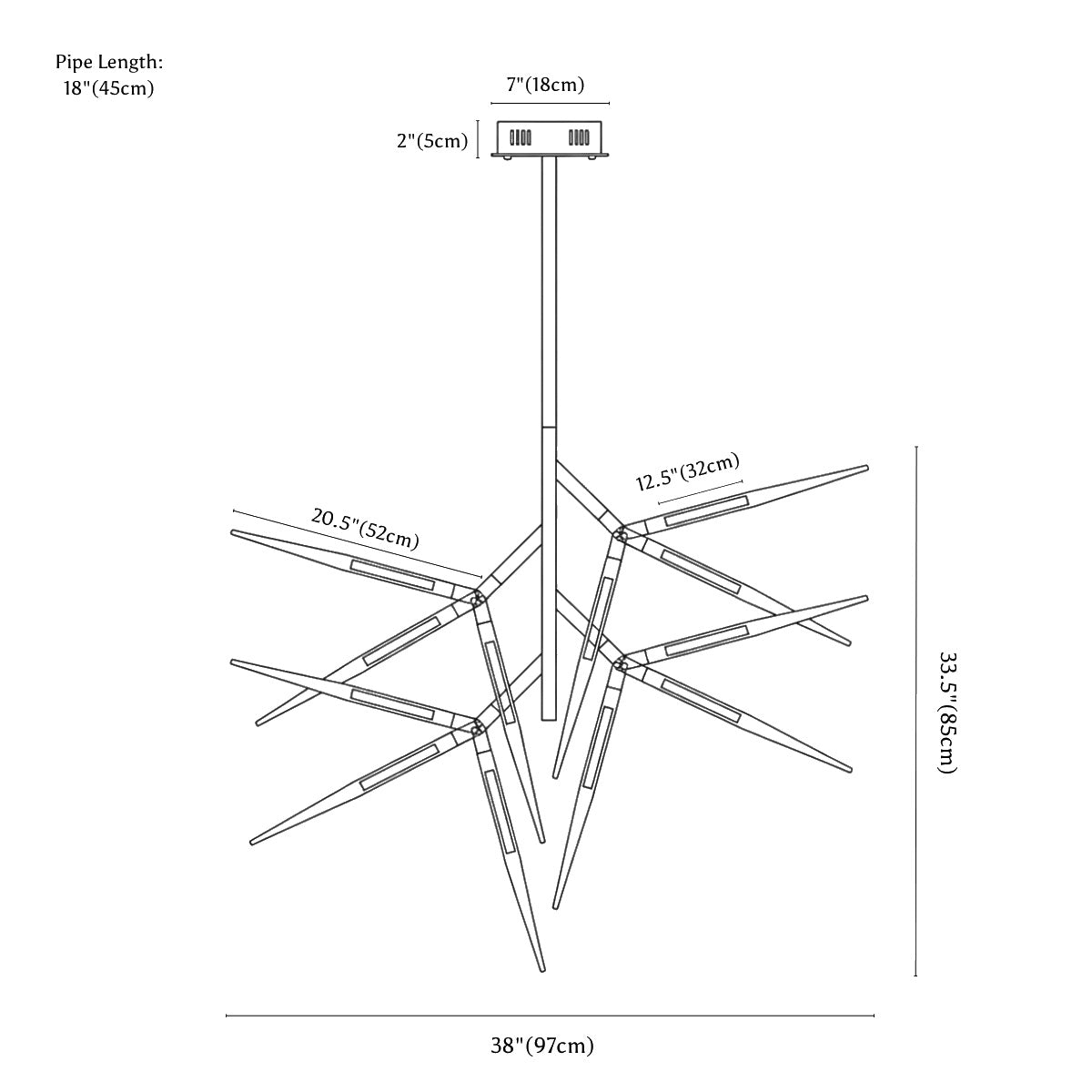 Clérachic chandelier dimension drawing, every measurement marked in centimetres and inches.