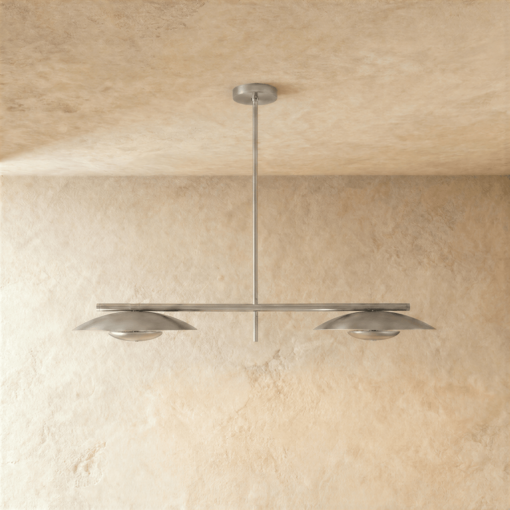 Clérachic chandelier in chrome, close front-on view of the two disc shades and center rod.