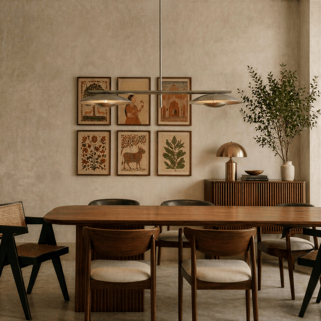 Clérachic chandelier in chrome hung over a dining table set beneath a gallery wall of framed prints.
