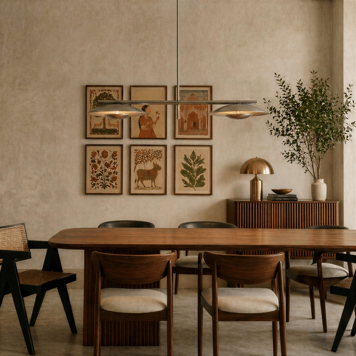 Clérachic chandelier in chrome hung over a dining table set beneath a gallery wall of framed prints.